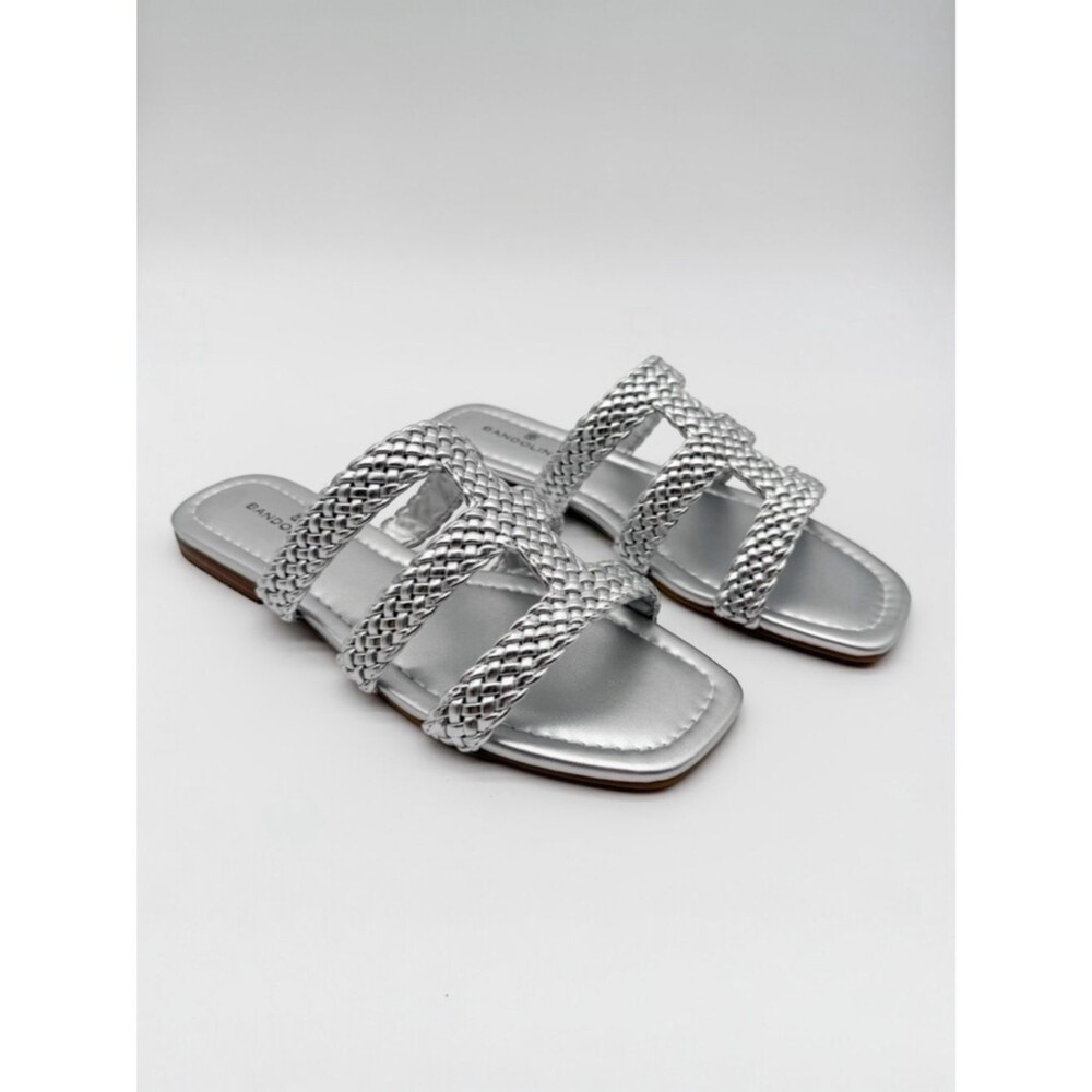 Bandolino Sumer Woven Metallic Slide Sandals Square Toe Flat Silver 6.5 NEW
